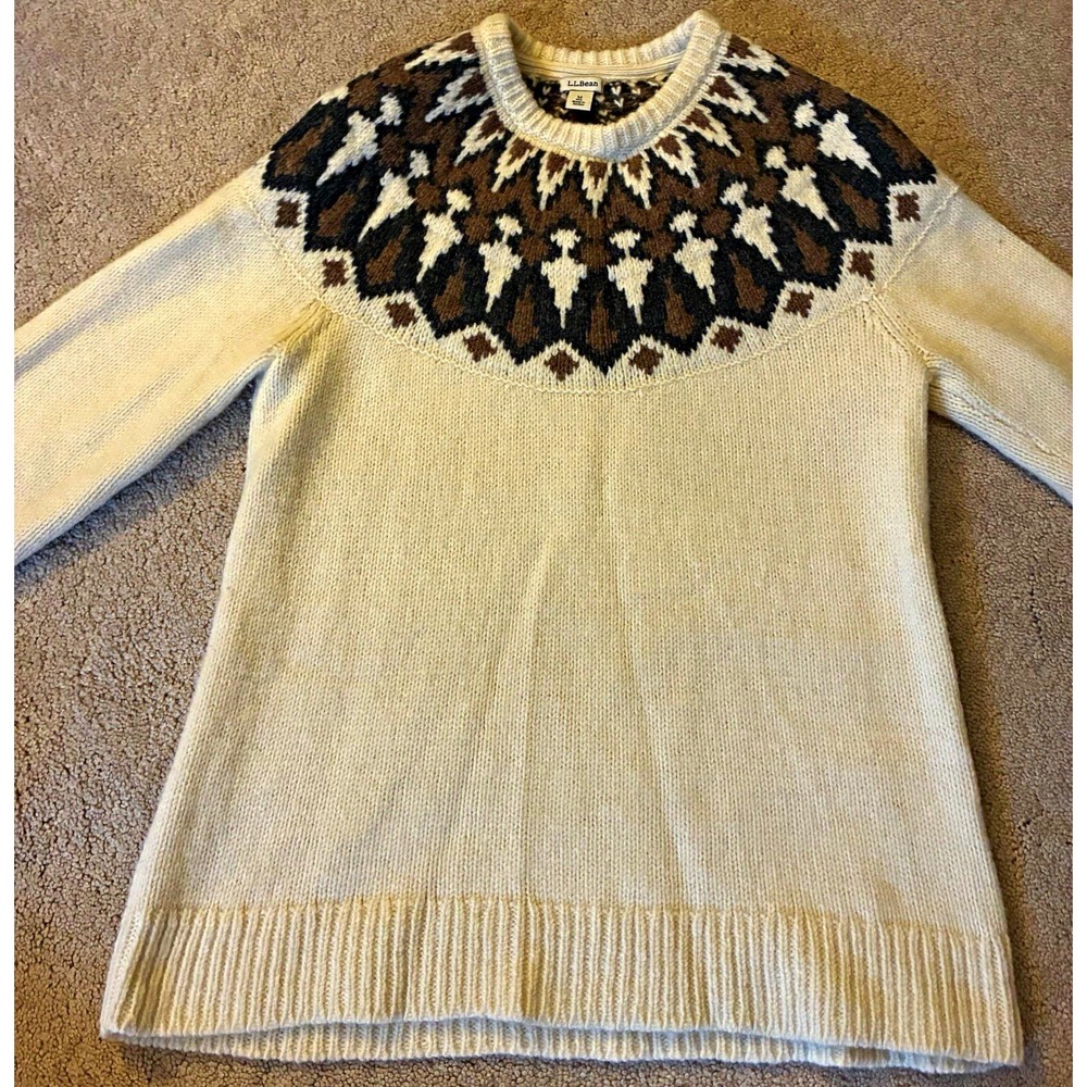L.L.Bean women's Fair Isle Wool Knit Crewneck Pullover Sweater Ivory Brown M